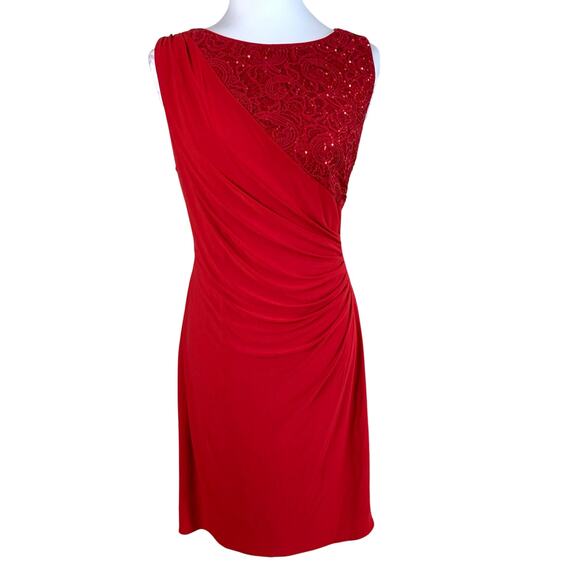 R&M Richards Sz 14 Ruched Sequin Lace Dress Red Cocktail Party Holiday Christmas - Picture 1 of 9